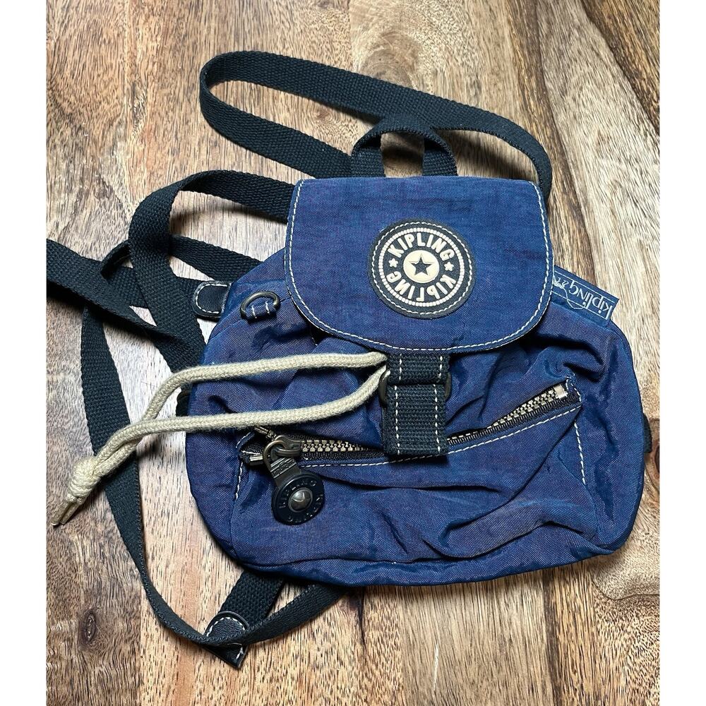 Kipling Nylon Drawstring Small Backpack 2 Zippers Front & Interior Pockets Blue